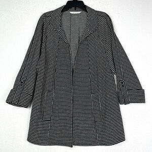 Peter Nygard Open Front Jacket Size Large Black White Polka Dot Pockets